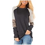 Yowablo Sweatshirt Pullover Langarm Oversized Langarmshirt Damen T-Shirt Damenmode Lässig Loser O-Ausschnitt Nähender Leopard Bedruckte Langarm (L,2Schwarz)