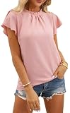 Damen Bluse Kurzarm Elegant Hemdbluse Sommer Oberteile Rüschen Stehkragen Arbeit Tunika Hemd Tops Volant Ärmel Shirts (Rosa/M)