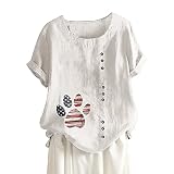 Vhersily Leinenhemd Kurzarm Damen T-Shirt mit Knopfdruck, Casual Vintage Tops Bluse T-Shirt Kurzarm Rundhals Tunika Tops, rot, XXL