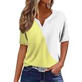 Damen Tshirt Lässiges Farbblock-/Farbverlaufs-Knopf-T-Shirt, lockere, Bequeme Kurzarm-Tops mit V-Ausschnitt Sommer Elegant Ob