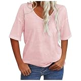 Damen Tshirt Sommer Lose Lässig Shirts Einfarbig V-Ausschnitt Kurzarm Tops Tunika Frauen Leicht Luftig Oberteile Strand Urlaub Freizeittops Sommertop