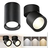 2 Stück LED Aufbauspot, Schwenkbar 350°Drehbar Ø78×100mm 3 Farben Deckenspots Schwarz Aufbaustrahler Flach 7W COB Leuchtmittel Deckenstrahler Aufbauleuchte Deckenleuchte Aufputz 230V 3000K/4000K/6000
