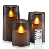 Homemory Wasserdicht Outdoor Flackernde Flammenlose Kerzen mit Realistischer Tanzender Flamme, LED-Kerzen, Batteriebetriebene Kerzen mit Fernbedienung und Zeitschaltuhr, Graues Acryl, 3er-S