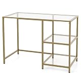 GIANTEX Schreibtisch mit Glasplatte, Computertisch mit 2 offenen Ablagen, Schlichter & moderner Schminktisch mit goldenem Metallrahmen & verstellbaren Fußpolster, für Schlafzimmer & Arb