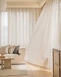 Beydodo Gardinen 2er Set mit Ösen 137x244CM, Vorhänge Halbtransparent Beige Leinenoptik mit Streifen Texturiert Modern Schiebevorhänge Gardinen Lichtdurchlässig Wohnzimmer S