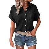 Day Prime 2025 Bluse Damen Sommer Leinenbluse Lässiges Button-Down Shirts V Ausschnitt Hemd Klassische Kragen Tops Oversized Elegant Solide Leinenhemd mit Tasche Lady Work Office Musselin B