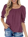 Imily Bela Damen T-shirt mit Blase Ärmel Eckigem Ausschnitt Halbarm Tops Sommer Oberteile Locker Shirts (Weinrot, XXL)