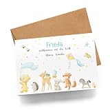 Kiddle-Design Glückwunschkarte Geburt Karte zur Geburt Junge Mädchen Babykarte Personalisiert mit Name Geburtskarte Baby süße Tiere schöne Sprüche zu Geburt M