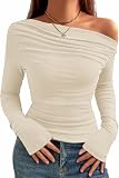 TrendiMax Damen Langarmshirt Elegant Stretch Pullover Slim Fit One Off Shoulder Oberteil Langarm Tshirts Crop Top Schulterfrei Asymmetrischer Y2k Enge Tops Sexy (S, Beige)