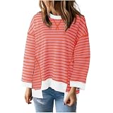 AMhomely Damen-Top, übergroße T-Shirts für Damen, langärmelig, Colorblock-Streifen, Pullover, Tops, Sweatshirt, lässig, locker, kurzes T-Shirt, Freizeitkleidung, Y2K, Baggy-Bluse, 02 rot, M