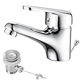 Auralum Wasserhahn Bad mit Zugstange, Einhebel Waschtischarmatur mit Ablaufgarnitur, Mischbatterie Waschbecken Armatur für Badezimmer, C