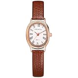 JewelryWe Damenuhr Kleine Ovale Uhren: Vintage Römische Ziffern Analog Quarz Armbanduhr mit Braun Lederarmband Elegant Modische Uhr aus Leder für Damen F