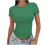 Dyhxuan Tshirt Damen Sommer Kurzarm T-Shirt Basic Rundhals Oberteile Slim Fit Unterhemden Stretch T Shirt Elegant Crop Top S-3XL