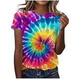 Ybing Blusen & Tuniken für Damen Tshirt Damen Bunt Batik T-Shirt Lässig O-Ausschnitt Bluse Schlank T Shirt Leichte Kurzarm Oberteile Sommer Dünne Sportshirt Baumwolle Top Basic Tee S