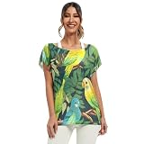 Grün-gelbe Papageienblätter-Bluse, kurzärmelig, für Damen, lässiges Oberteil mit Fledermausärmeln für Damen, S-XXL, Grün-gelbe Papageienblätter, Groß