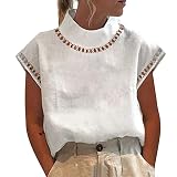 Masrin Stehkragenbluse für Damen Vintage Baumwoll Leinen Oberteile Einfarbiges Hemd Button Down Bluse Sommer Kurzarm Hemdbluse Lockeres Freizeithemd Urlaub Strand Shirts Sommershirt Leinenb