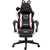 Dowinx Gaming Stuhl - Süße Katze Edition - Ergonomischer Computerstuhl mit Hoher Rückenlehne und Lendenwirbelstütze, PU-Leder, Fußstütze, Schw