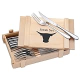 WMF Steakbesteck 12-teilig, Steakbesteck Set für 6 Personen, Steakmesser Set, Steakgabel, Cromargan Edelstahl poliert, Grillbesteck in Holzk