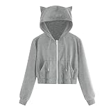 Damen Kurz Hoodie Bauchfrei Pullover mit Katzenohren Hollow Out Gothic Sweatshirt Pullover Bauchfrei Sweatshirt mit Kapuze Kurz Jacke Reißverschluss Oberteil Bluse Langarm Streetw
