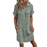 Generisch Blusenkleider Damen Leicht Luftig Musselin Kleid Casual Locker Wickelkleider Kurzarm V-Ausschnitt Knöpfen Shirtkleid Summer Einfarbig Midikleid Strandkleid mit Taschen(A01-Grün,S)