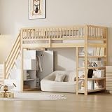 TOBIDOEN Hochbett 90x200 cm mit Hochzaun Sicherheitsgitter, Kinderbett Jugendbett mit Stauraumtreppe, Kleiderschrank & 4-Lagiges Regal, Viel Freiraum unter dem Bett, Kiefer+MDF (Holzfarbe)