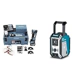 Makita TM30DSMJX5 Akku-Multifunktionswerkzeug 10,8 V / 4,0Ah & DMR115 Akku-Baustellenradio (ohne Akku, ohne Ladegerät), Türkis, Schwarz, Silb