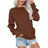Ekiregaii Sweatshirts für Damen, Rundhalsausschnitt, einfarbig, langärmelig, mit Vordertaschen, lockerer Herbst, Winter, Unterschicht, Oberteil, Übergröße, Damen-Kapuzenpullover ohne Kapuze, Sport,
