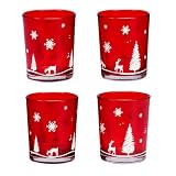 4 Stück Glas Teelicht Kerzenhalter Rot Teelicht Kerzenhalter Klarglas Kerzenhalter mit Schneeflocken-Muster Votivkerzenhalter Set für Hochzeit, Geburtstag, W