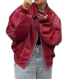 ORANDESIGNE Damen Übergroße Jacken Kunstleder Motorrad Mäntel Moto Jacken Biker Mantel Herbst Outfits Mode Kleidung Reißverschluss Langarm PU Leder Mantel F Rot L