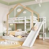 Aoskem Kinderbett Etagenbett 90x200 cm für 2 Kinder, Hochbett Hausbett mit Leiter & Rutsche, mit Stauraum 2 Schubladen, Holzbett Bettgestell mit Rausfallschutz & Lattenrost, Ohne Matratze, Weiß+ N