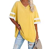 Damen T-Shirts Halbarm V-Ausschnitt Casual Sommer Tops Oversized Baumwolle Basic Loose Fit Tunika Tops, 2-gelb, M