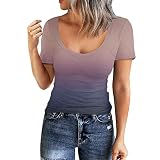 Damen Rippshirt Top Baumwolle, Shirts Sommer Elegant Rundhals, Sommershirts Farbverlauf Kurzarm Stricktop Skims Rundhals Sweatshirt Gym Blickdicht Sportshirt Sexy Stretch Laufshirt Crop-Top