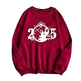 Dyhxuan Happy New Year 2025 Pullover Damen Neujahr Rundhals Sweatshirt Baumwolle Langarm Pulli Oversize Langarmshirt mit Druck Casual Sportshirt Sweat Oberteile Vielseitig Longsleeve Tops für F