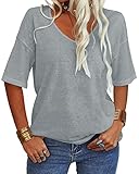 Tankaneo Damen V-Ausschnitt Kurzarm T-Shirt Casual Lose Basic Sommer Tops Halbarm Oversized Tunika T