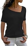 AYIFU Damen Sommer Tops Kurzarm Casual Shirts Asymmetrischer Hals Farbblock Tunika, 1 - Schwarz, 3X-Groß