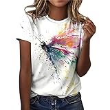 Damen Oberteile Sommer Tshirt Kurzarm Bluse mit Rundhalsausschnitt Bunte Blumen Drucken T-Shirt Tee Tops Pullover Teenager Mädchen Pulli Tunika Shirt Freizeit T Shirts Longbluse für F