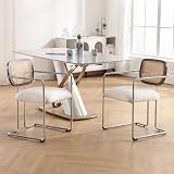 Wahson Esszimmerstühle 2er Set Leinen Küchenstuhl Rattan geflochtene Rückenlehne, Akzentstuhl mit Metallbeine Vintage Polsterstuhl für Esszimmer/Küche/Wohnzimmer,weiß