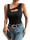 GORGLITTER Tank Top Cut Out Damen Sexy Oberteil Mit Ausschnitt T-shirt Mit Asymmetrischem Kragen Y2k Rippenstrick Top Schwarz M