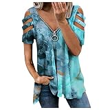 Briskorry T-Shirt Damen Sommer Kurzarm Oberteile mit Bedruckte Kalte Schulter Bluse V-Ausschnitt Reißverschluss Tops Sportshirt Tee Schulterfreies S