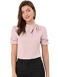 Allegra K Damen Bluse mit Schleife Schluppenbluse Festliche Blusen Kurzarm Panel Fliege Hals Rüschen Elegant Top Rosa XL