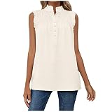 tank top damen kurz schulterfreies oberteil damen v ausschnitt bluse hemd Einfarbig Stehkragen Plissiert Patchwork Tanktop Chiffon Bluse mit Knöpfen Sommer Ärmellos Tunika Blusentop bluse (Beige, M)
