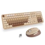 SOLIDEE kabellose Tastatur- und Maus-Kombination,Retro-Schreibmaschinen-Tastatur,2.4GHz runde Tastenkappe Tastatur mit Ziffernblock,104 Tasten ergonomische Tastatur(Amerikanisch QWERTY)(Mixed Coffee)