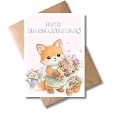 WBdesignz Geburtstagskarte Hurra, du hast Geburtstag mit Umschlag - Süße Füchsin mit Blumenstrauß & Gartenszenario - Herzliche rosa Glückwunschkarte zum Kindergeburtstag für Kinder (DIN A6)