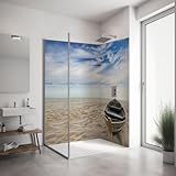 ORIGINAL PlateART Eck-Duschrückwand 2 x 90x200 cm, Wandverkleidung, Wandbild, Rückwand Alu OHNE FUGEN, Fliesenersatz, Karibik Strand mit Boot Motiv - Made in Germany…