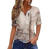 RMBLYfeiye Meine Bestellungen Anzeigen Oversize Shirt Damen Shirt Damen Elegant Tactical Shirt V-Ausschnitt Henley Shirt Mit Knopfleiste Blumen Bedruckt Blusenshirt T-Shirt Bedrucken (Khaki, L)