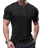 Muhshoiy Herren Henley-Shirt mit Langen Ärmeln,Stretch Kurzarm T-Shirt, Kurzarm Sommer Männer mit Knopfleiste/Schwarz/L