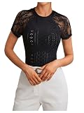 GORGLITTER Spitzenshirt Damen Elegant Oberteil Mit Spitze Sommer Tshirt Mit Stickerei Spitzentop Schwarz L