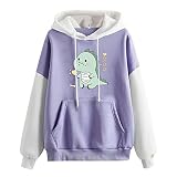 HOOUDO Damen Sweatshirt Langarm niedlicher Kleiner Dinosaurier, Farbblock, langärmliges Hoodie-Sweatshirt Hemdverlängerung Damen (Purple, XXL)