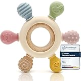 CAJA Beißring - Beißspielzeug Zahnungshilfe aus Silikon & Holz, BPA-frei, Tiermotive, Zahnen & Greifring für Baby - Sicheres Spielzeug (Complexion)