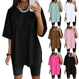 callmo T-Shirt Damen Oversize Sportshirt Kurzarm Einfarbig Blusen Sommer Lockere Rundhalsausschnitt Oberteile Große Größe Lässig Funktionsshirt Tunika Locker Mode Longshirt mit Schlitz 2024 N
